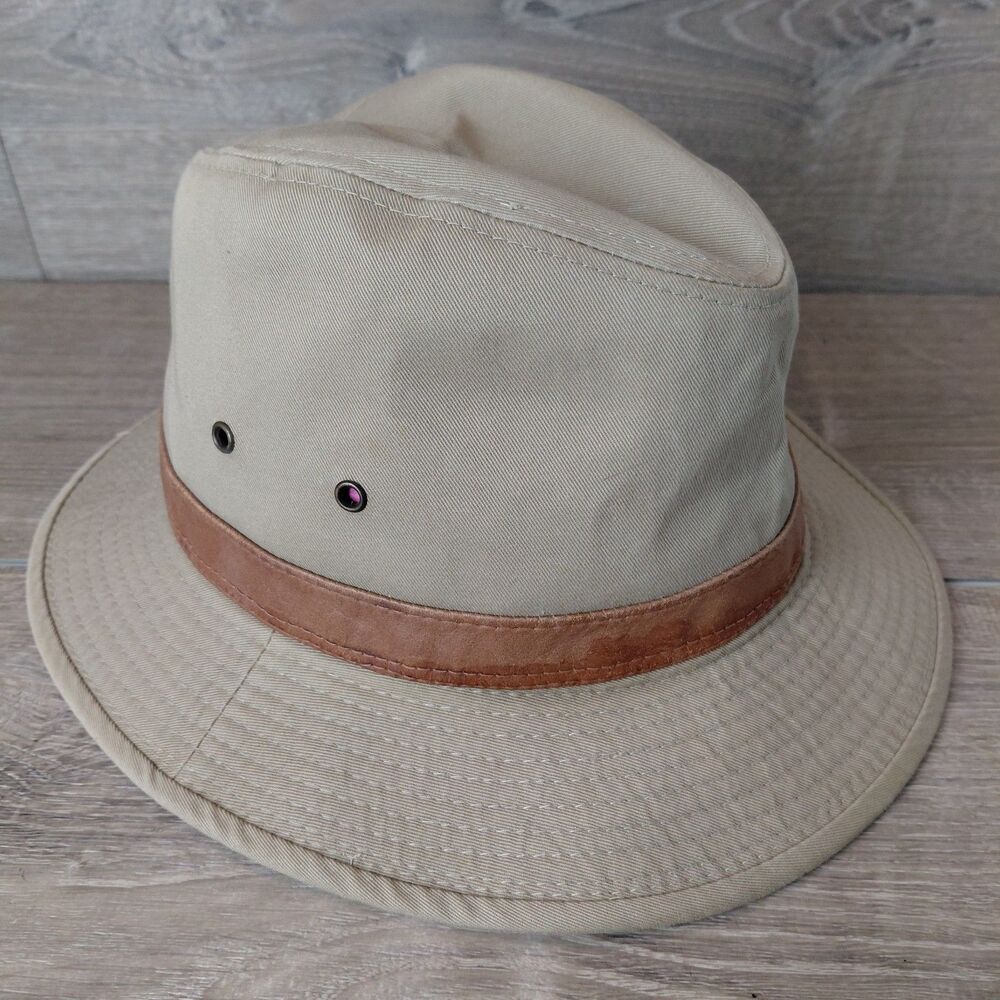 Scala Dorfman Hat Brown Safari Leather Band Vented Men L Outback Canvas Fedora
